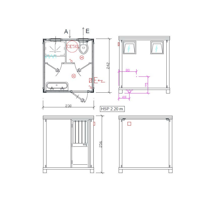 Bloc sanitaire préfabriqué de chantier - WC, lavabo double et douche – Image 2